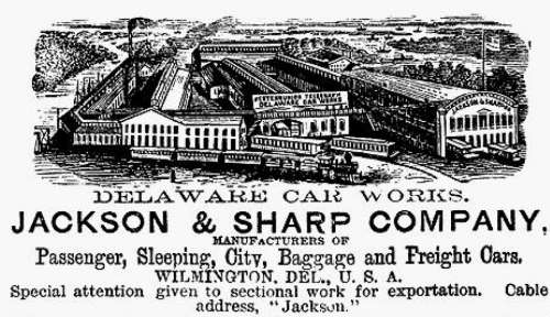 ジャクソン・アンド・シャープの広告、1879年版カー・ビルダーズ・ディクショナリーより。Advertisement of Jackson and Sharp, from Car Builder's Dictionary 1879.