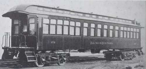 ジャクソン・アンド・シャープが製造したイリノイ・セントラル鉄道の客車。A passenger car of Illinois Central Ry, manufactured by Jackson and Sharp.