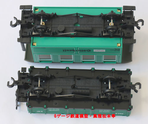 フライシュマン製マジックトレインの二軸客車・二軸貨車の下廻り。