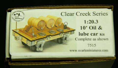 オザーク・ミニチュアーズ製オイル&リューブ車のキットのラベル。G gauge oil and lube, manufactured by Ozark Miniatures.