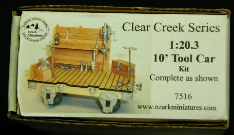 オザーク・ミニチュアーズ製ツール車のキットのラベル。G gauge tool car, manufactured by Ozark Miniatures.