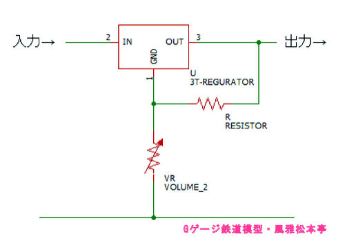 三端子レギュレータ(可変電圧のモノ)を使った基本的な回路。