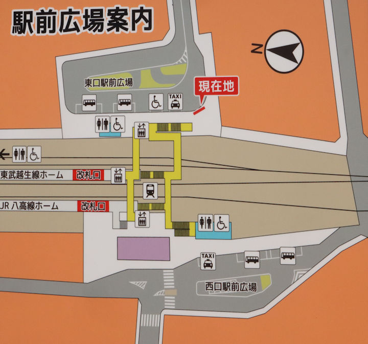 越生駅周辺案内図(東口)。2026年(令和8年)1月撮影。