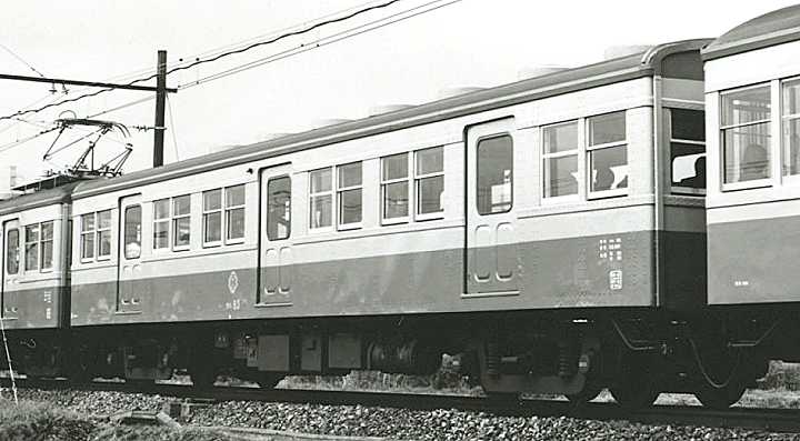伊豆箱根鉄道サハ80型？サハ83。1988年(昭和63年)4月、伊豆箱根鉄道大雄山線にて撮影。