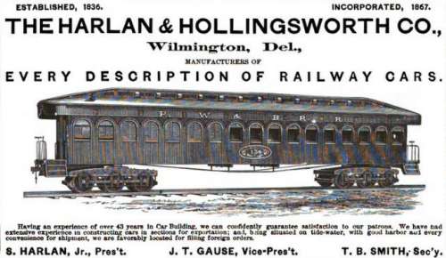 ハーラン&ホーリングスウォース(Harlan and Hollingsworth)の書籍広告。1871年版カー・ビルダーズ・ディクショナリーより。align=