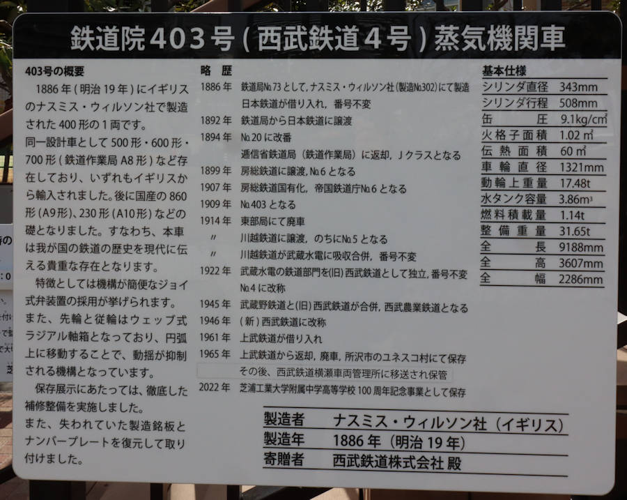 ナスミス・ウィルソン製鉄道院400型403号の説明看板。2023年(令和5年)2月、芝浦工業大学付属高校(しばうらこうぎょうだいがく・ふぞくこうこう：東京都江東区豊洲)にて撮影。