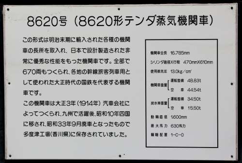 国鉄8620型8620号機の説明看板。2017年(平成29年)9月、青梅鉄道公園(東京都青梅市)にて撮影。