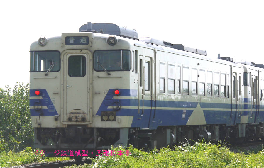 JR東日本キハ40-523他。2010年(平成22年)8月、JR五能線板柳(いたやなぎ：青森県北津軽郡板柳町)＝林崎(はやしざき：青森県南津軽郡藤崎町)駅間にて撮影。