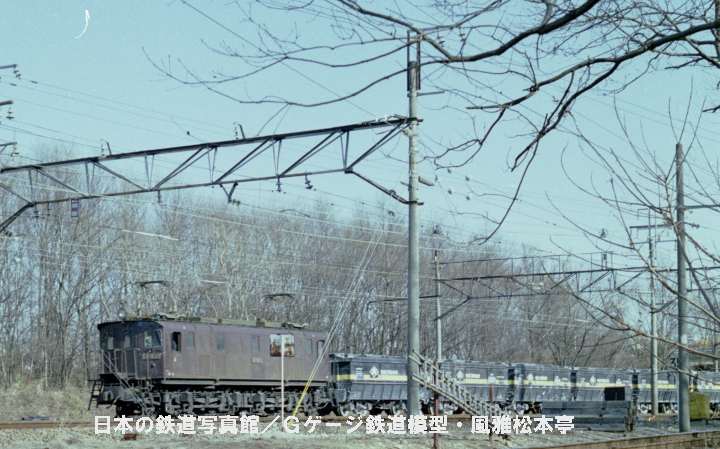 雑木林を背に氷川へ向かうED16牽引の貨物列車。1983年(昭和58年)3月撮影。