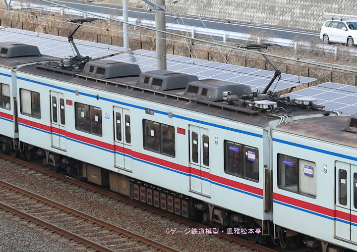 京成電鉄モハ3432。2017年(平成29年)3月、北総鉄道千葉ニュータウン中央(ちばにゅーたうんちゅうおう：千葉県印西市)駅＝印西牧の原(いんざいまきのはら：千葉県印西市)駅間にて撮影。