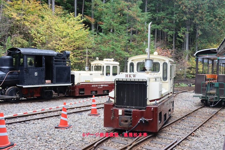 赤沢森林鉄道AFT-01号機とAFT-02号機。2025年(令和7年)10月、赤沢森林鉄道(長野県木曽郡上松町)にて撮影。