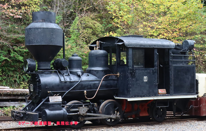 赤沢森林鉄道一号機、ボールドウィン(Baldwin)製のリアタンク機。2025年(令和7年)10月、赤沢森林鉄道(長野県木曽郡上松町)にて撮影。