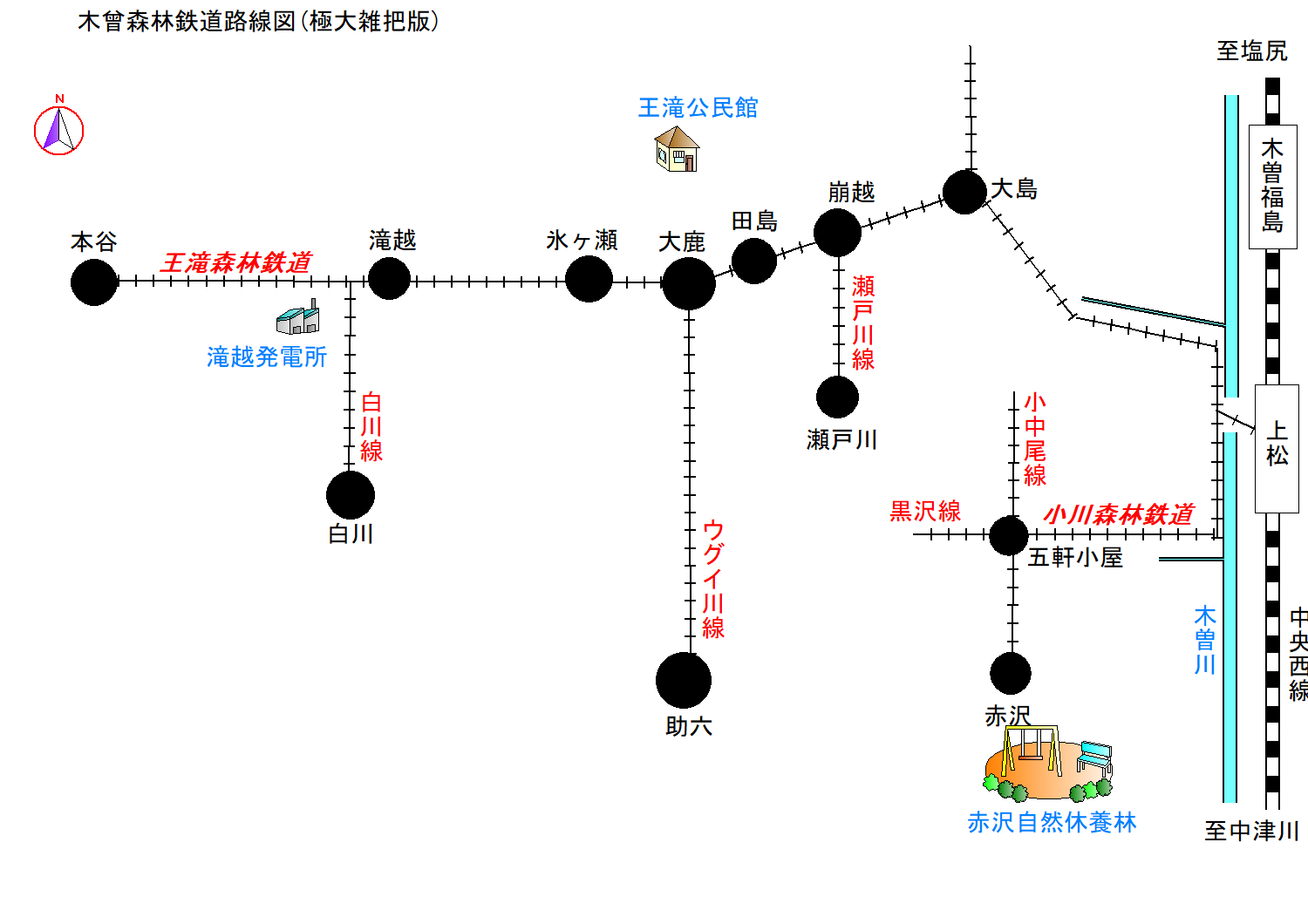 木曽森林鉄道路線図(極大雑把判)。2023年(令和5年)10月作成。