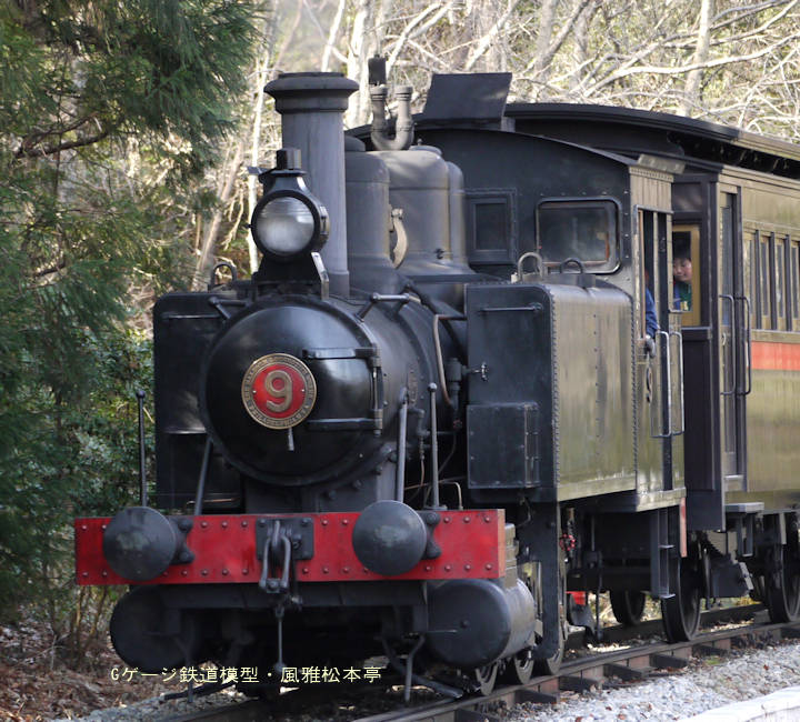 明治村ボールドウィン製9号機(富士身延鉄道→日本鋼管鶴見→明治村)。2010年(平成22年)11月、明治村・名古屋駅＝東京駅間にて撮影。