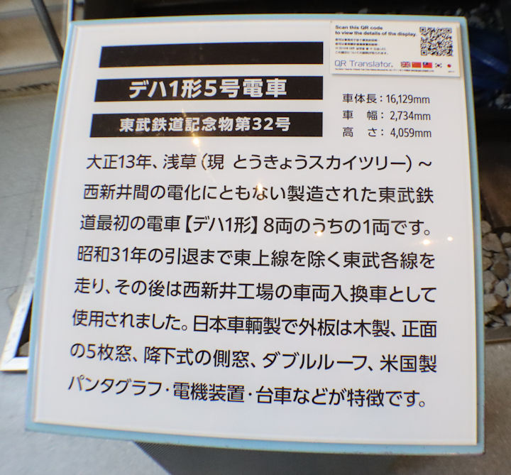 東武鉄道デハ1型デハ五号の説明看板。2025年(令和7年)9月、東武博物館(とうぶはくぶつかん:東京都墨田区)にて撮影。