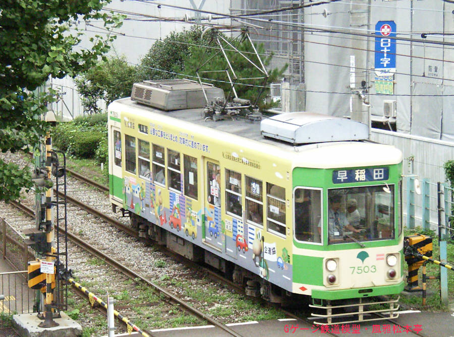 東京都交通局7503号。2007年(平成19年)9月、都電荒川線学習院下(がくしゅういんした：東京都豊島区)電停にて撮影。