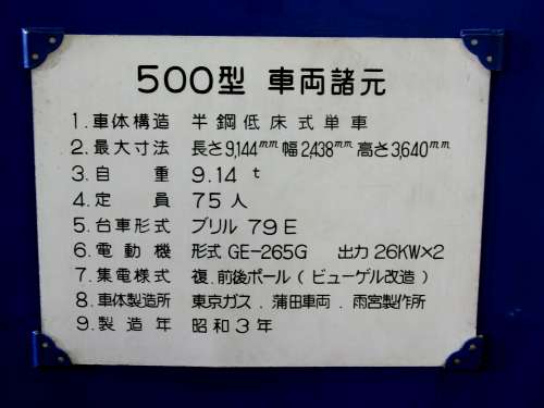 横浜市電523号の説明看板。2008年(平成20年)8月、横浜市電保存館(旧滝頭車庫：神奈川県横浜市磯子区)にて撮影。
