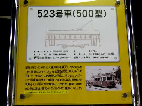 横浜市電523号の説明看板。2008年(平成20年)8月、横浜市電保存館(旧滝頭車庫：神奈川県横浜市磯子区)にて撮影。