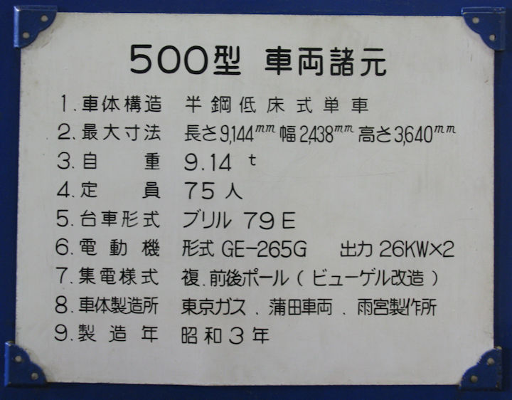 横浜市電523号の説明看板。2008年(平成20年)8月、横浜市電保存館(旧滝頭車庫：神奈川県横浜市磯子区)にて撮影。