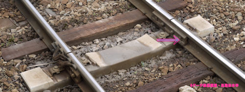 実物の鉄道で使われているレールジョイナー。2012年(平成24年)12月、三岐鉄道三岐線西藤原(にしふじわら：三重県いなべ市)にて撮影。