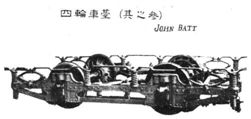 ジョンバット台車。東京市電気局乗務員教習所発行「電車機械器具図解」より。John Batt 4 wheel truck.