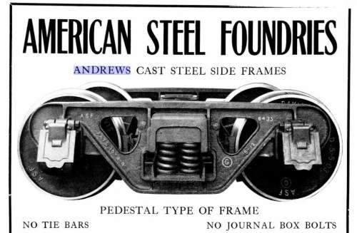 アンドリゥス台車の広告、アメリカン・スチール・ファウンドリーズ社がカー・ビルダーズ・ヂクショナリーに出稿したモノの一部です。Advertising page of Andrews freight truck, by American Steel Foundries.